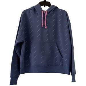 Champion Women’s Large Blue All Over Print Logo Pullover Hoodie Fleece Top